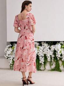 MOTF PREMIUM SILK FLORAL PRINT SHORT SLEEVE SLIT MIDI DRESS - Pink - View 4
