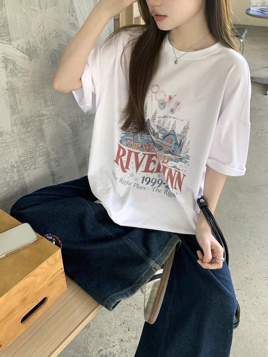 DAZY 女式圆领休闲逼真印花短袖 T 恤图案 T 恤，教师服装