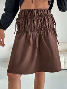 SHEIN Essnce Falda minimalista de moda casual de color liso para mujer - Café integral - Ver 3
