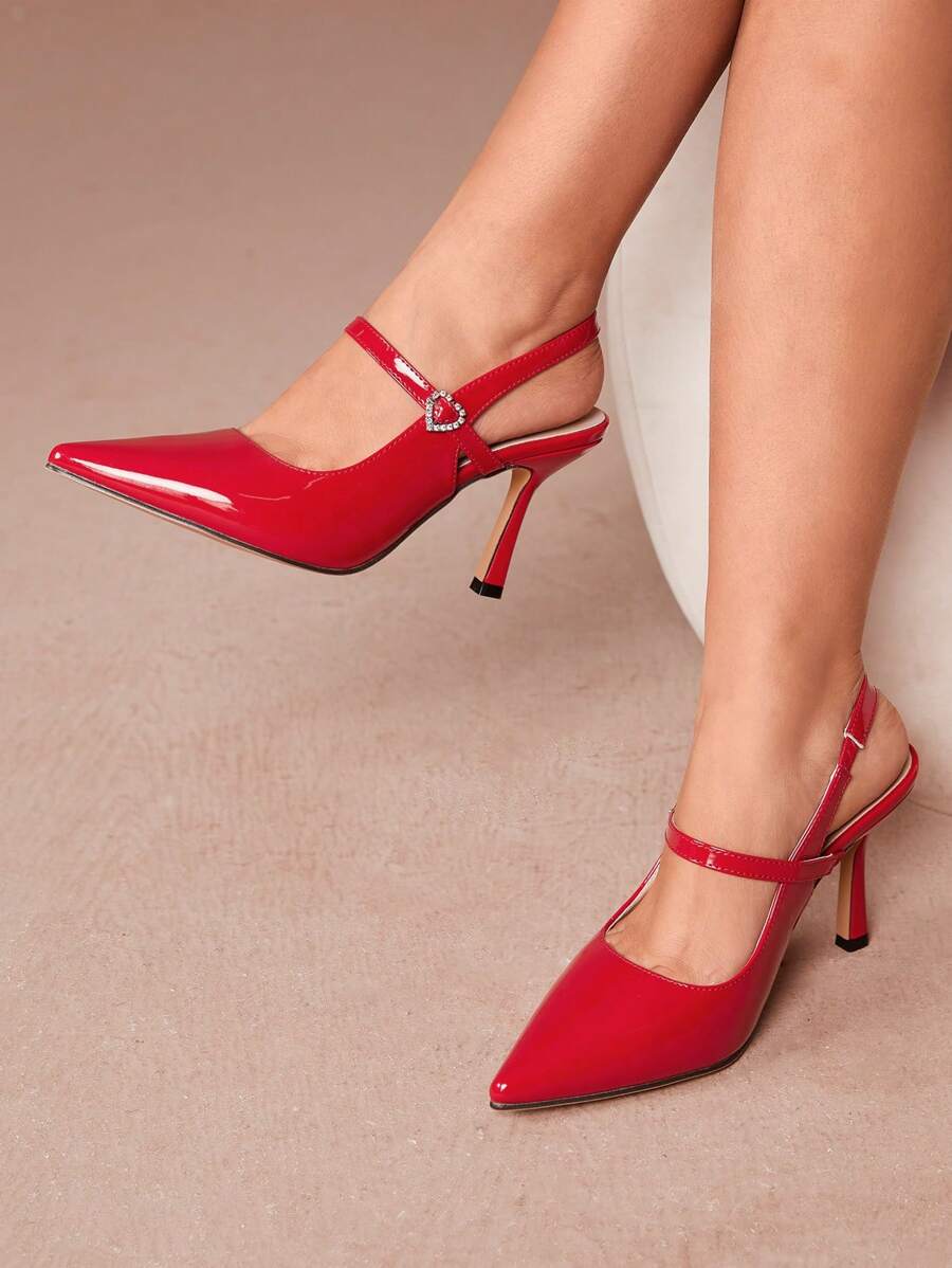 CUCCOO CURVES 女士纯色水钻装饰宽版高跟鞋 - 紅色 - 查看 1