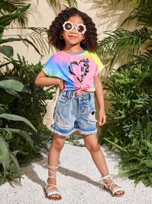 SHEIN Young Girl Knitted Crew Neck Heart Pattern Casual T-Shirt - Multicolor - View 3