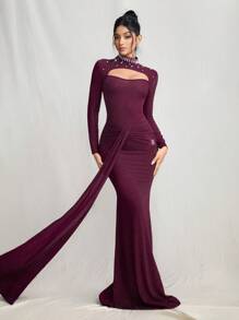 SHEIN Belle Women Knitted Hollow Beaded Waist Ruched Evening Dress, Formal Occasion, Wedding Guest Dress For Music Festival Spring/Summer, Party Dress - Purple - View 6