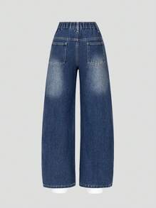 SHEIN Jeans anchos y sueltos lavados con estampado de lazo azul y blanco vintage desgastados para niñas preadolescentes - Azul lavado oscuro - Ver 2