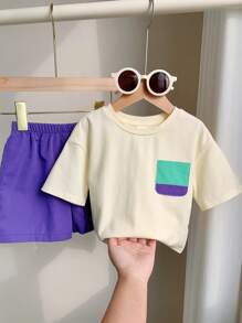 SHEIN 2pcs/Set Baby Boy Casual Korean Style Color Block Patch Pocket Crew Neck Pullover T-Shirt And Solid Woven Shorts Set, Suitable For Spring & Summer - Purple - View 6