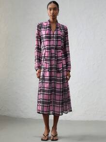 SHEIN Privé Vintage Elegant Chiffon Contrast Plaid Print PU Belt Women's Extra Long Shirt Dress - Multicolor - View 4