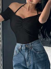 DAZY 女士纯色露肩吊带短袖修身休闲上衣，露脐短款露肩上衣