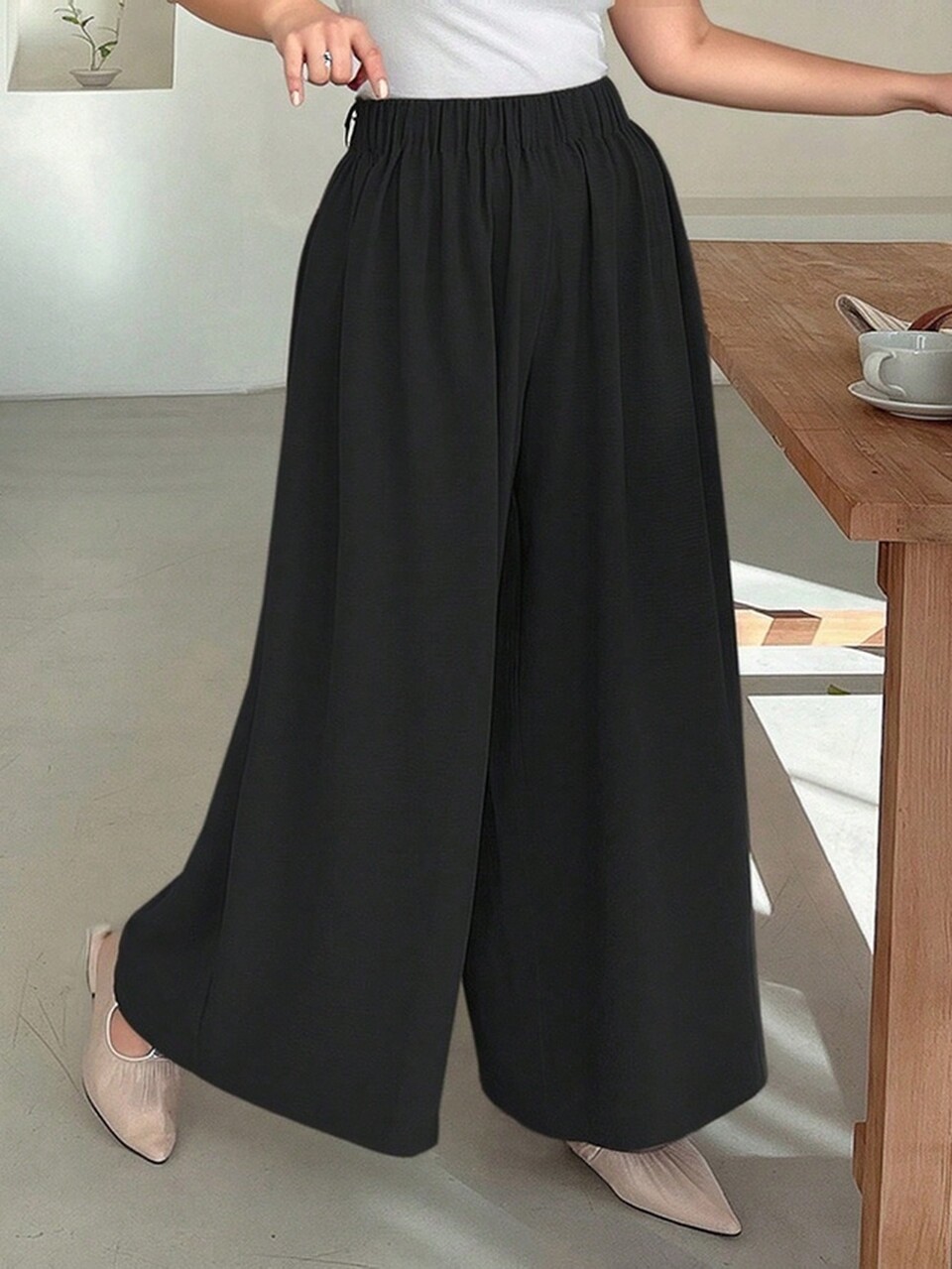 Dazy Petite Plus Plus Size Elastic Waist Solid Color Loose Wide Leg Casual Pants, Black, All Seasons Fall