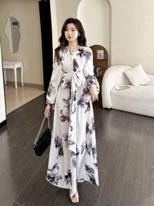 Modelyn 女士编织印花纽扣式 A 字长裙 - 米色 - 查看 3