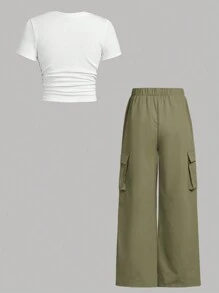 2pcs/Set Tween Girl Casual Crewneck Pullover T-Shirt With Letter Pattern Waist Pleated And Cargo Pants - Army Green - View 2