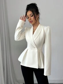 Modelyn 女士编织杏色收腰翻领双排扣长袖西装外套 - 杏色 - 查看 3