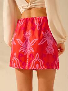 CAJUNI Women's Holiday Casual Summer Boho Tropical Pineapple Plant Print Beach Cover-Up Skirt