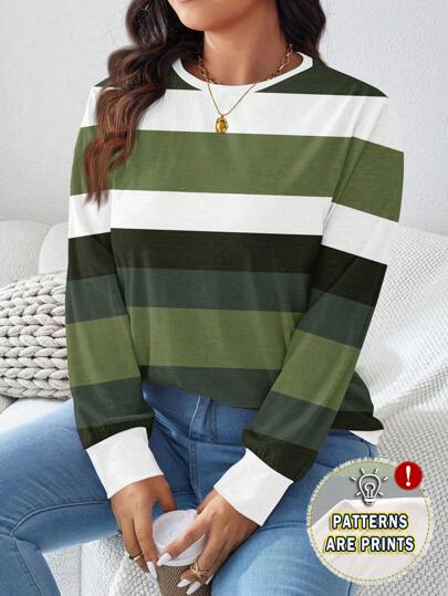 SHEIN LUNE Plus Size Women Casual Striped Pattern Loose Round Neck Long Sleeve T-Shirt, Autumn/Winter Fall