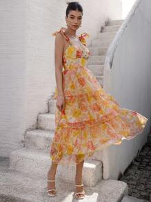 EMERY ROSE Váy voan họa tiết hoa thiết kế dây mảnh thanh lịch dành cho kỳ nghỉ và đi làm, có nơ và viền bèo nhún, phong cách thời trang bãi biển Boho mùa hè cho mùa xuân thu - Nhiều màu - Xem 5