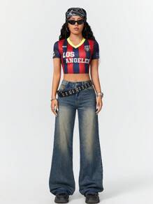 Coolane 女士运动字母条纹印花短款修身足球 T 恤 - 彩色 - 查看 5