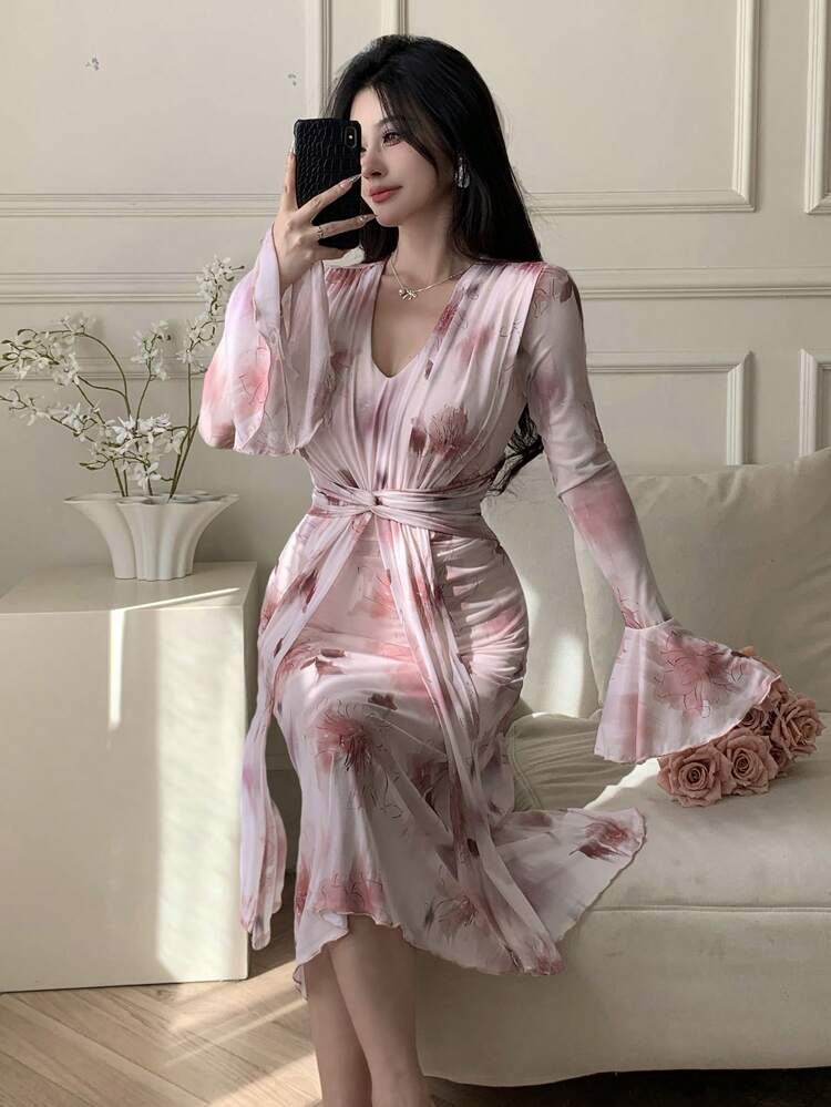 V-Neck Floral Print Puff Sleeve Tie Front Mid-Calf Dress For Women,Ruffle,Fall Dress Long Sleeve Dress Easter