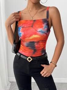 Chiquease Abstract Tie Dye Print Pleated Body-Hugging Camisole' - Orange - View 1