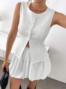 SHEIN LUNE 2pcs/Set Fashionable Open Slit White Blazer Vest Top + Pleated Floral Knee Length Skirt Set Dresses For Women Elegant Birthday Outfits For Women Date Night Outfits Women