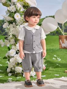 SHEIN Leap Crew 4 件套男婴/女婴休闲百搭短袖衬衫、背心、松紧腰短裤、帽子套装绅士西装，适合春夏季穿着，适合生日派对、洗礼、1 岁生日、庆祝、表演、婚礼