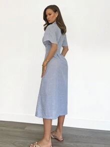 Siren Gaze 女士休闲通勤条纹腰衬衫裙 - 藍白色 - 查看 2