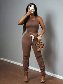 Slaydiva 夏季新款基础款休闲运动街头露背背心和系腰裤女款 2 件套服装 - 棕色 - 查看 1