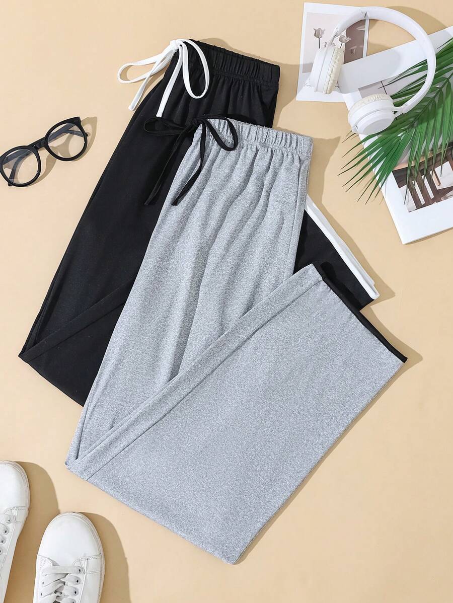 SHEIN 2 Pcs Women Casual Contrast Color Trim Lounge Cozy Pants Set, Fall Winter Clothes - Multicolor - View 1