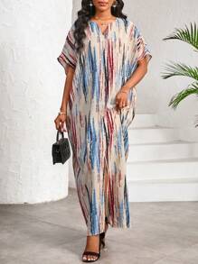SHEIN Lady Elegant Casual Work Party Striped Print V Neck Slit Butterfly Sleeve Women Dresses Long Dress For Summer Maxi Boho Resort - Multicolor - View 3