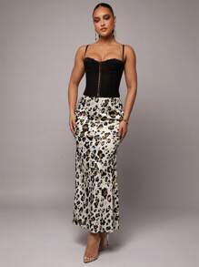 Silquee 女士优雅缎面豹纹长裙，适合通勤、办公室、日常穿着、派对、舞会、工作、聚会、春季及所有季节 - 銅色 - 查看 1