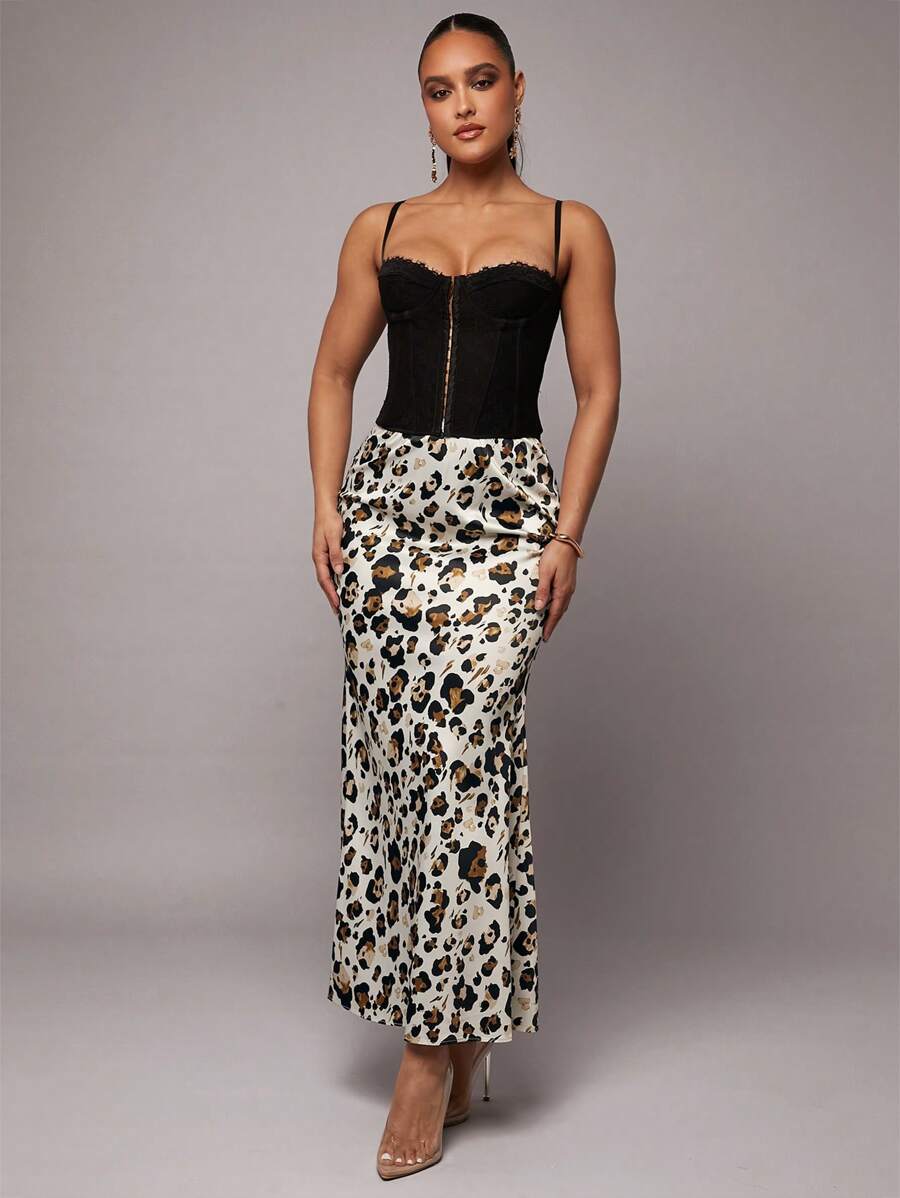 Silquee 女士优雅缎面豹纹长裙，适合通勤、办公室、日常穿着、派对、舞会、工作、聚会、春季及所有季节 - 銅色 - 查看 1