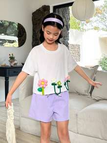 2 件套 青少年女孩舒适休闲度假可爱 3D 花朵装饰服装