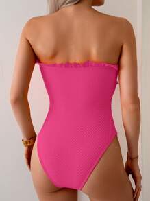 Swim Basics Women's Summer Beach Black Textured Fabric Ruffle Trim Bandeau One-Piece Swimsuit With Waist Drawstring