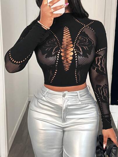 BamGleam Top da donna sexy in in rete traforato con motivo jacquard
