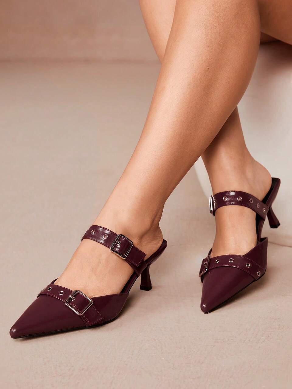 CUCCOO CURVES Plus Size Women Buckle Pointed Toe Hollow Out Stiletto Heeled Mules