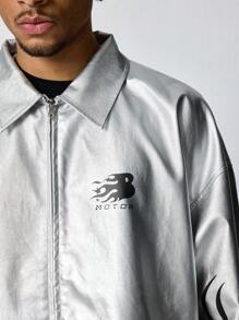 ROMWE MEN Street Life Men's Fashion Metallic Graphic Print Racing Jacket - Silver - View 2