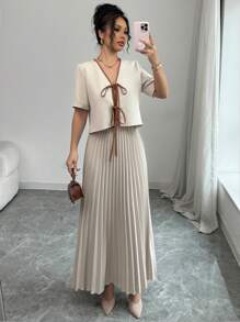 Modelyn Women Elegant Woven Colorblock Short Sleeve Tie Front 2 Pieces Set - Apricot - View 1