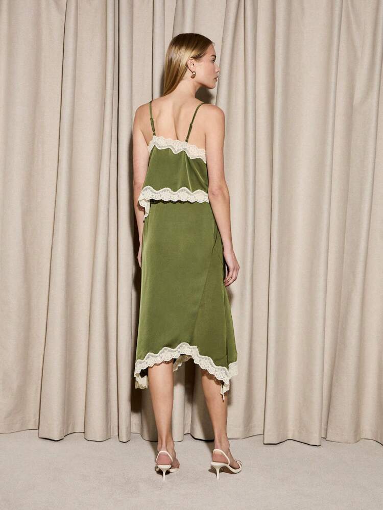 Elegant Satin Asymmetrical Lace Trim Two-Piece Set