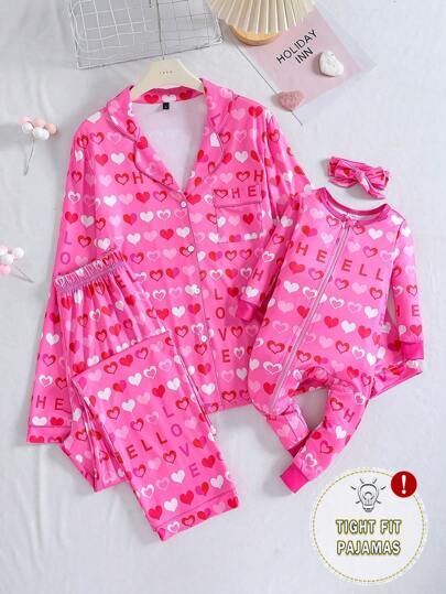 SHEIN 2pcs Baby Girls Heart Print Snug Fit Long Sleeve Jumpsuit With Headband Set, Comfortable Sleepwear