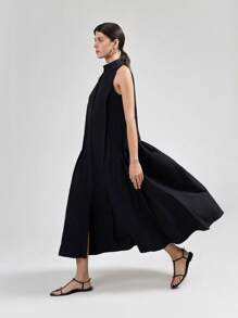 Ontre Robe décontracté ample et confortable à boutons devant sans manches, couleur unie, style urbain chic, convient pour le trajet domicile-travail - Noir - Voir 1