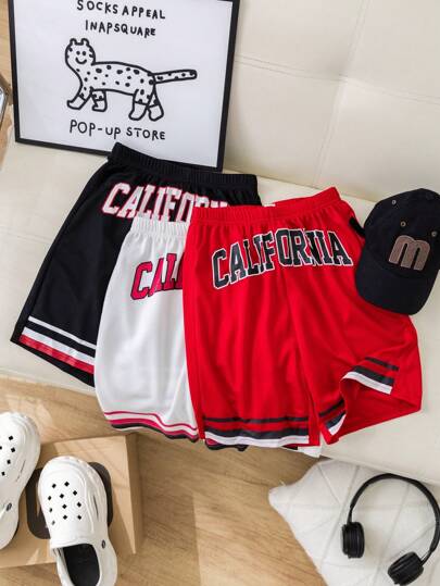 3pcs Young Boys' Casual Sports Shorts Set, Red/White/Black, Letter Print Color Block, Suitable For Spring/Summer, Back To School, Competition