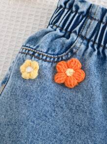 Cozy Pixies Young Girls' 3D Flower Decor Elastic Waist Casual Denim Shorts, Versatile & Comfortable