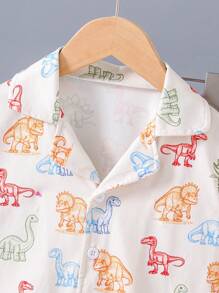 男童两件套阻燃恐龙图案休闲短袖衬衫和裤子睡衣套装 - 杏色 - 查看 4