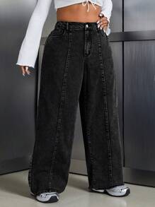 SHEIN ICON Coolmax 大码女式口袋宽腿宽松休闲牛仔裤 - 黑色 - 查看 3