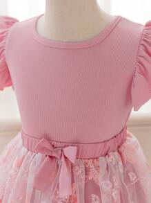 SHEIN Glamorique Kids 2 件装年轻女孩优雅盖袖上衣和刺绣网眼蝴蝶结装饰裙套装，适合派对、聚会、郊游、度假、夏季 - 粉色 - 查看 4