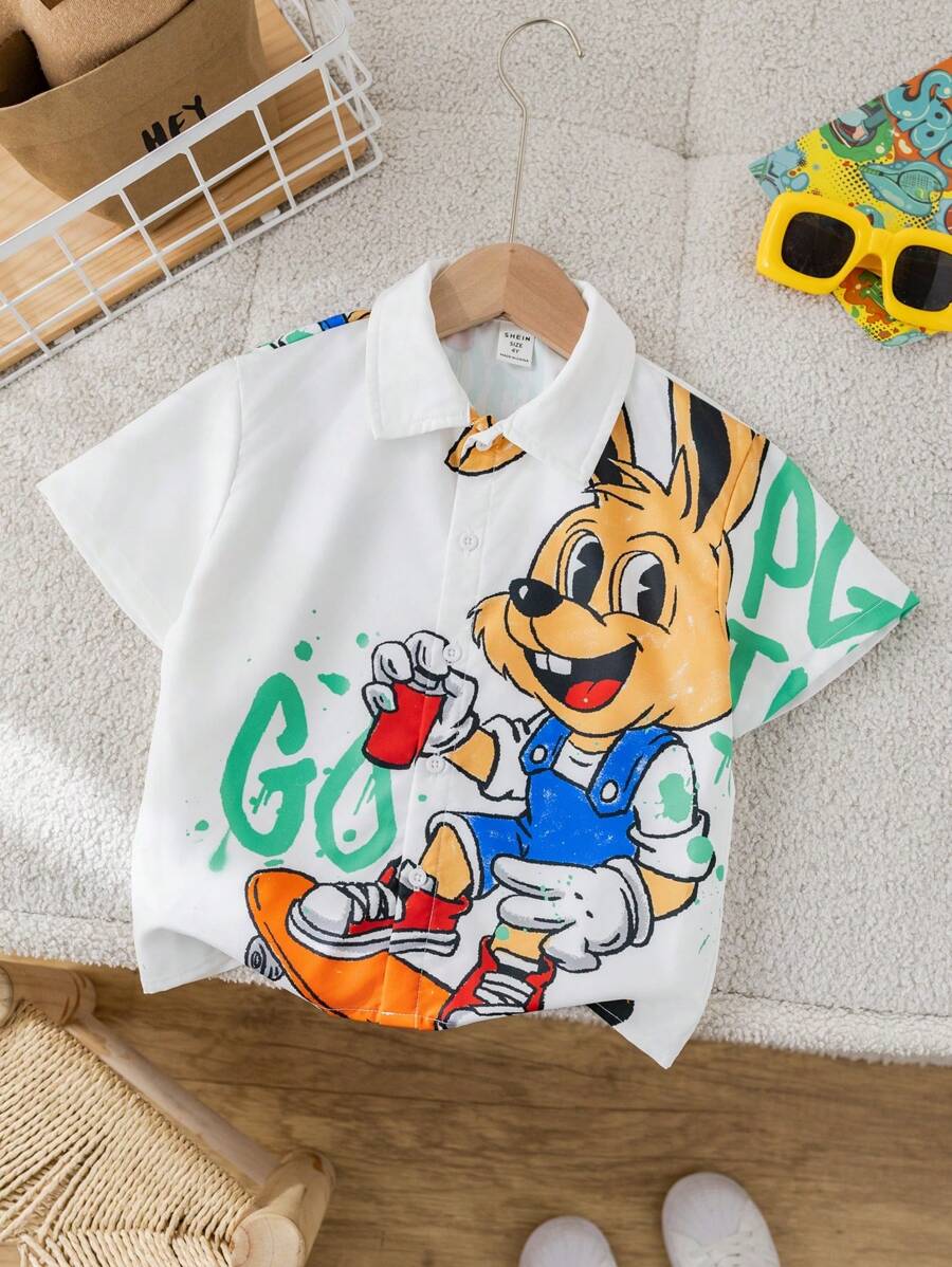 SHEIN Leap Crew 1 件年轻男孩休闲校园风格舒适时尚百搭柔软酷炫街头风格涂鸦鲜艳彩色兔子印花短袖衬衫，适合春夏季、日常、运动、郊游、学校、派对、度假、拍照