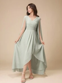 Vestido Curto e Longo Assimétrico Verde Menta Elegante para Meninas Adolescentes, Decote em V, Manga Morcego com Babados, Fenda, Faixa na Cintura, Vestido de Festa de Fada Apropriado para Aniversário de Adolescentes, Baile de Máscaras, Festa, Celebração de Feriados, Vestidos de Natal, Halloween, Ação de Graças, Vestido de Baile, Vestido Formal, Vestido de Concurso de Meninas, Vestido de Formatura, Vestido de Dama de Honra, Vestido de Gala, Vestido de Praia