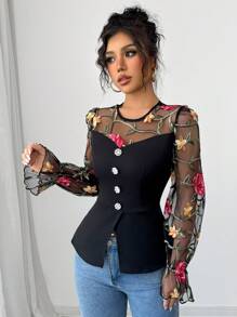 Elenzga Blusa con inserto de malla y bordado de rosa negra para mujeres