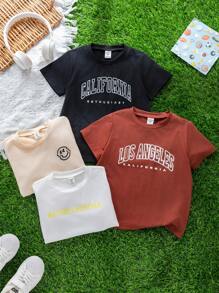 Compra 2 y llévate 1 gratis. Paquete de 3 camisetas de niño casual y deportivo con estampado de texto, un conjunto eficiente de gran valor adecuado para niños para volver al colegio, fiestas, eventos, diario, escuela y viajes en primavera y verano