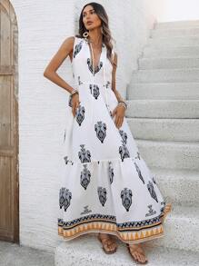 SHEIN VCAY 女式夏季前系带无袖印花拼布休闲长裙时尚印花V领蛋糕裙连衣裙新款春夏泰国巴厘岛旅行修身无袖连衣裙长裙女式海边度假沙滩裙海滩度假装适合度假和春夏季夏季休闲度假长裙情人节连衣裙女士连衣裙度假连衣裙女士夏季连衣裙女士长裙夏季连衣裙度假海滩度假装节日波西米亚风连衣裙波西米亚风女装长裙 - 彩色 - 查看 5