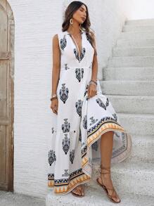SHEIN VCAY 女式夏季前系带无袖印花拼布休闲长裙时尚印花V领蛋糕裙连衣裙新款春夏泰国巴厘岛旅行修身无袖连衣裙长裙女式海边度假沙滩裙海滩度假装适合度假和春夏季夏季休闲度假长裙情人节连衣裙女士连衣裙度假连衣裙女士夏季连衣裙女士长裙夏季连衣裙度假海滩度假装节日波西米亚风连衣裙波西米亚风女装长裙 - 彩色 - 查看 7
