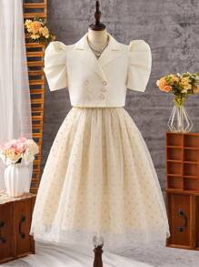 Blusa con cuello vuelto y manga corta con falda de malla, conjunto informal de vacaciones para niña preadolescente