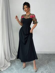 Rafferiza Sexy Embroidered Floral Mesh Patchwork Solid Color Slim Fit Dress, European And American Style - Black - View 6